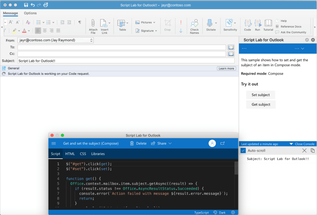 Screenshot showing Script Lab ribbon buttons and task pane in Outlook on Mac, and the Code window.