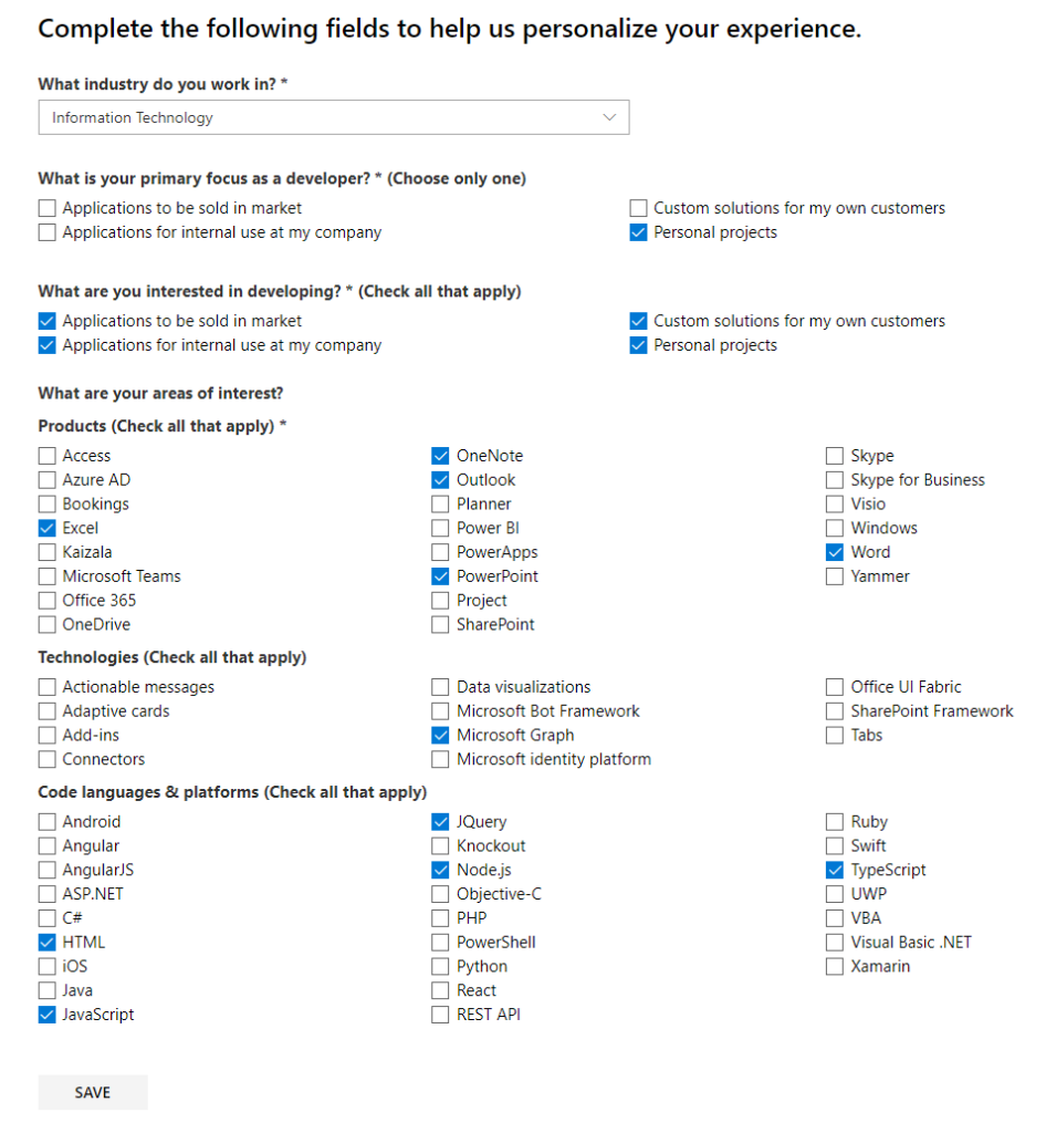M365 Developer Program Preferences form, showing your preferred products, technologies, code languages, and platforms.