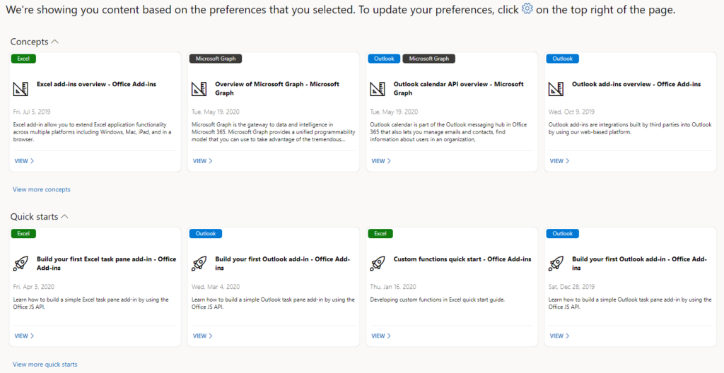 Recommendations panel in the M365 Dev Program, showing tiles of personalized tutorials and documentation