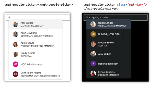 light and dark theme for people picker component