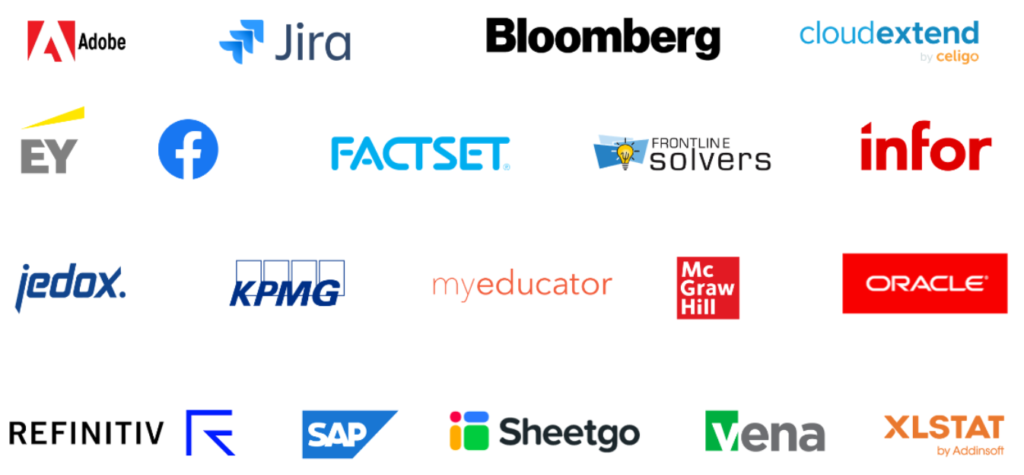 A list of companies who have developed Excel Add-ins: Adobe, Jira, Bloomberg, Cloudextend by Celigo, EY, Facebook, Factset, Frontline Solvers, Infor, Jedox, KPMG, MyEducator, McGraw Hill, Oracle, Refinitiv, SAP, Sheetgo, Vena, XLStat by Addinsoft