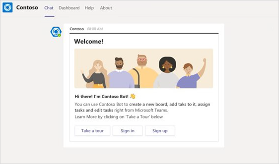 Image of Microsoft Teams bot message welcoming a new user