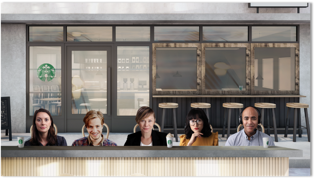 Image of a Starbucks-themed Together Mode scene with a group of people sitting at a table in front of a window