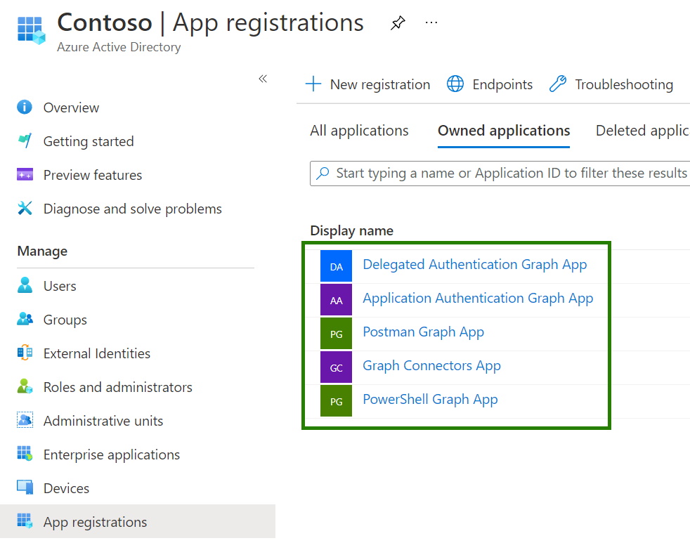 View of Azure AD portal with sample app registrations