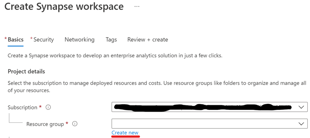 Create a New Resource Group for an Azure Synapse workspace