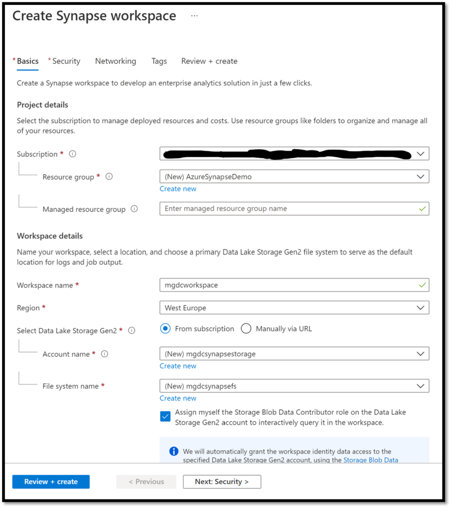 Basics information provided for new Azure Synapses Workspace