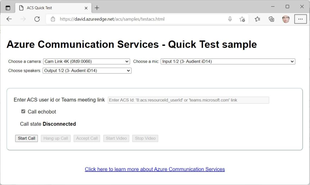 Azure Communication Services quick test sample 2