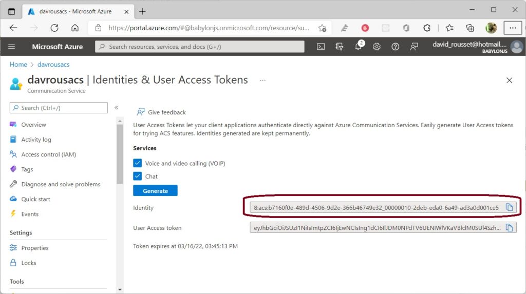 Example of generate a second ACS token, grab the ACS ID from the Azure Portal