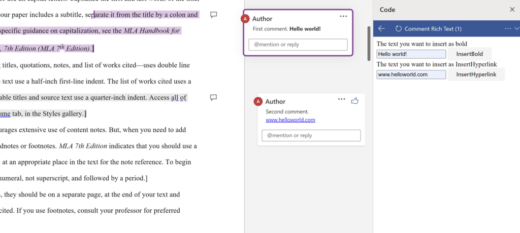 set bold text and add hyperlinks to comments in Word