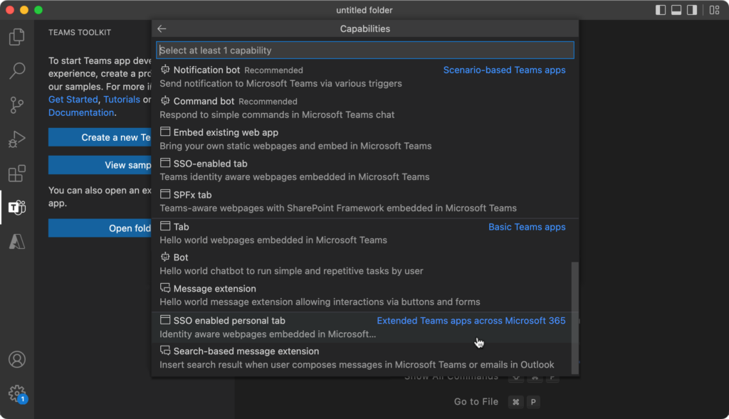 Screenshot of Teams Toolkit on VS Code showing the create menu