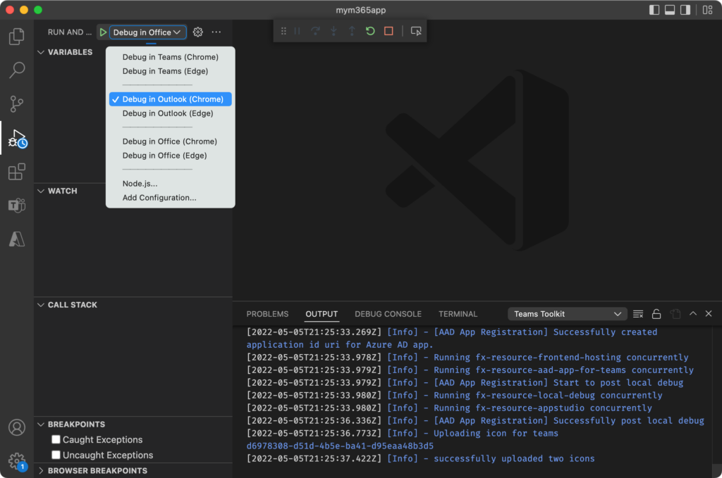 Screenshot of Teams Toolkit on VS Code showing the debug menu