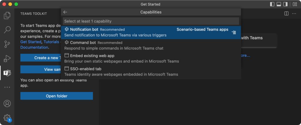 Screenshot of Teams Toolkit on VS Code showing the app creation with bot notification menu