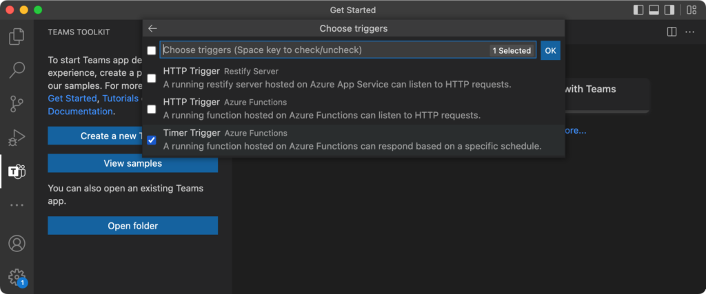 Screenshot of Teams Toolkit on VS Code showing the app creation with bot notification trigger options