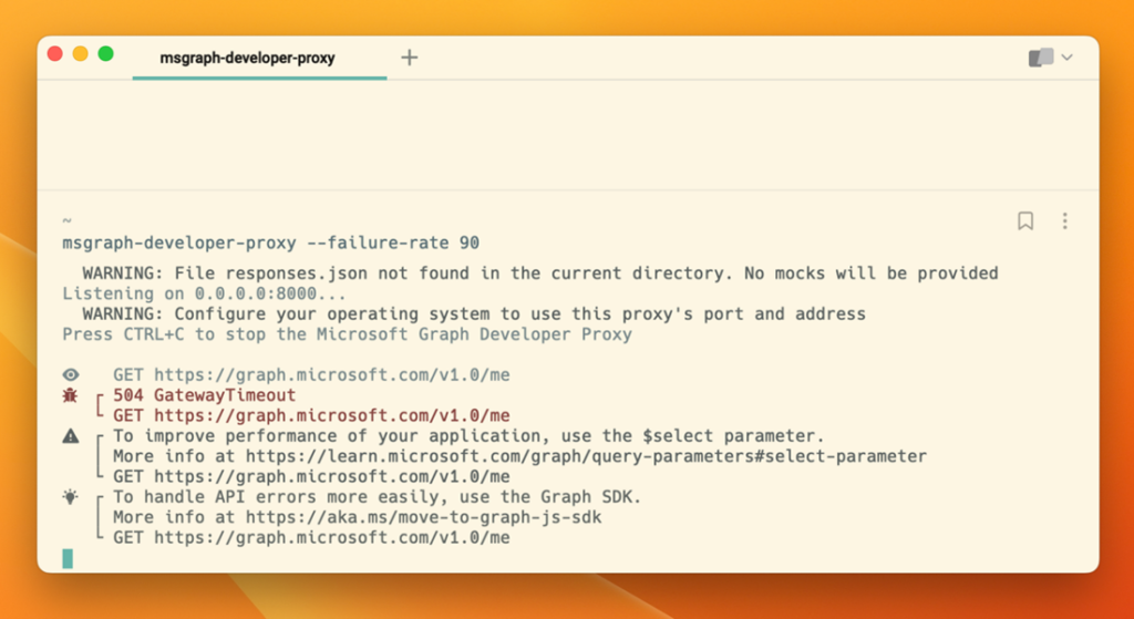 Microsoft Graph Developer Proxy using Nerd Font icons for messages logged in the console