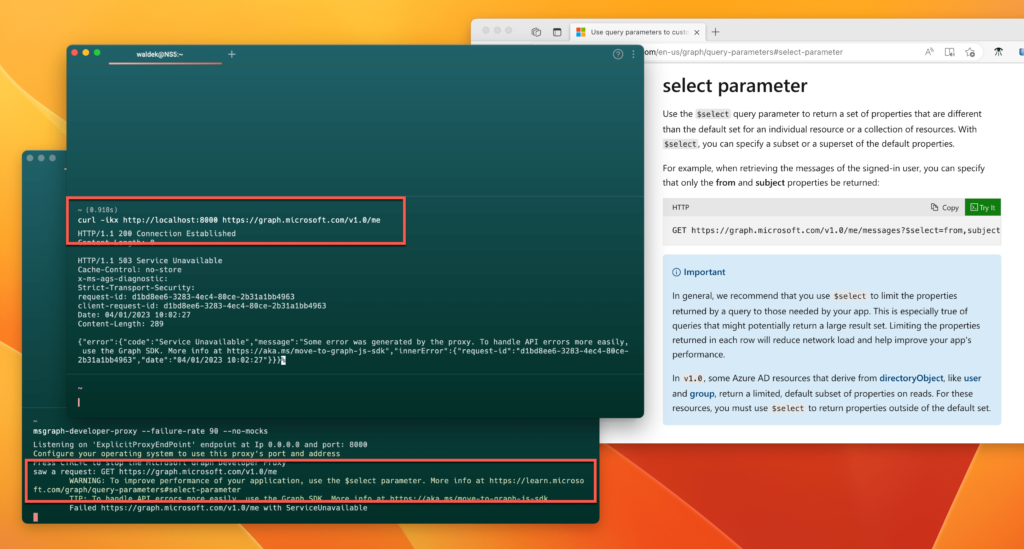 Web request to Microsoft Graph API highlighted in a terminal window. Another terminal window showing guidance about the lack of $select query parameter.