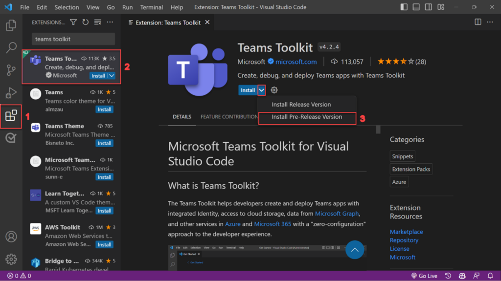 Image of how to install Teams Toolkit for Visual Studio Cod pre-release