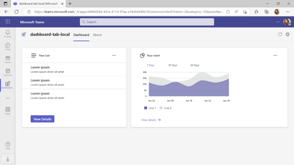 When the dashboard tab is deployed to Teams, select Add to view your dashboard with sample widgets.