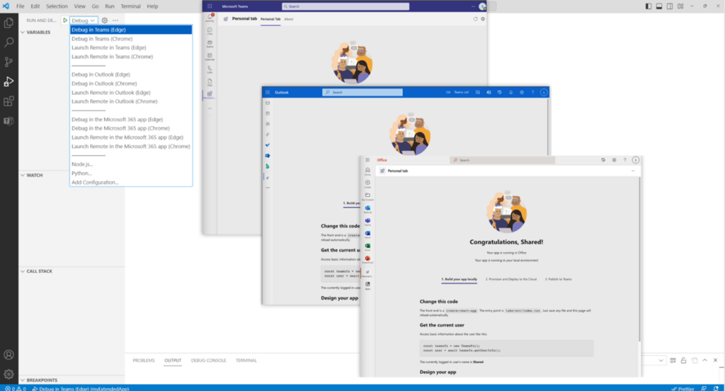 With the latest Teams Toolkit pre-release, you can directly run your personal tab or search-based message extensions to Outlook and the Microsoft 365 app.