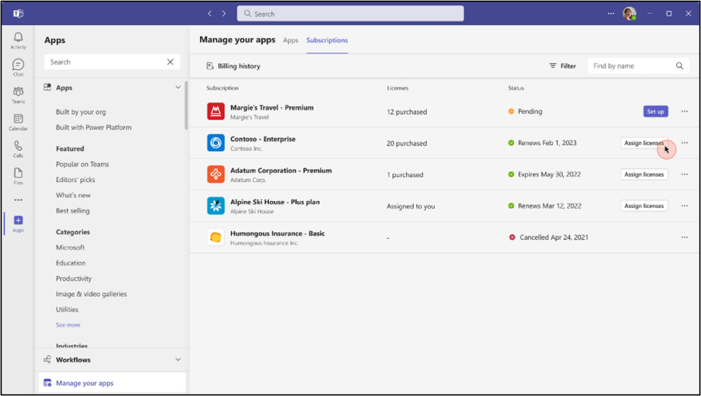 Figure 1.1 highlights the ability to manage a subscription of an ISV application and access licensing capabilities directly within the Teams app store.