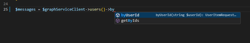 Screenshot showing an example of the fluent experience. When you type, the IDE suggest the next command to add.