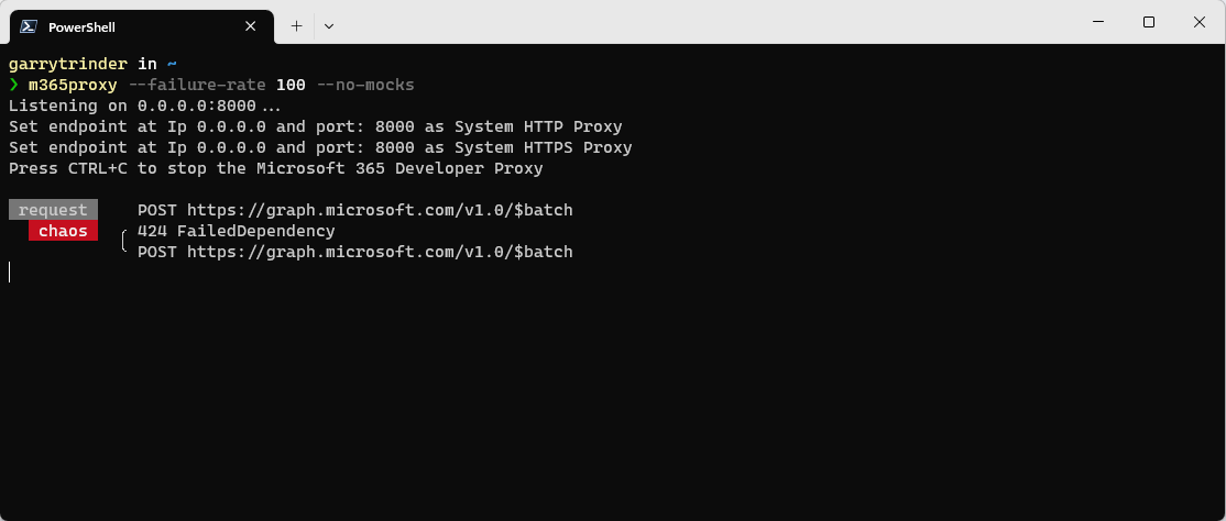 Microsoft 365 Developer Proxy displaying the result of a failed batch request