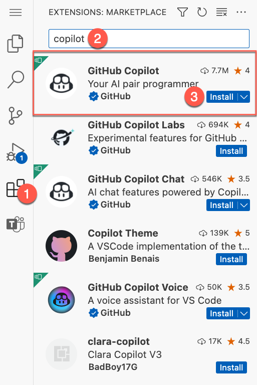 Cropped screenshot of the extensions pane In the Extension pane with copilot typed in the search box and GitHub Copilot shown as a selected result.