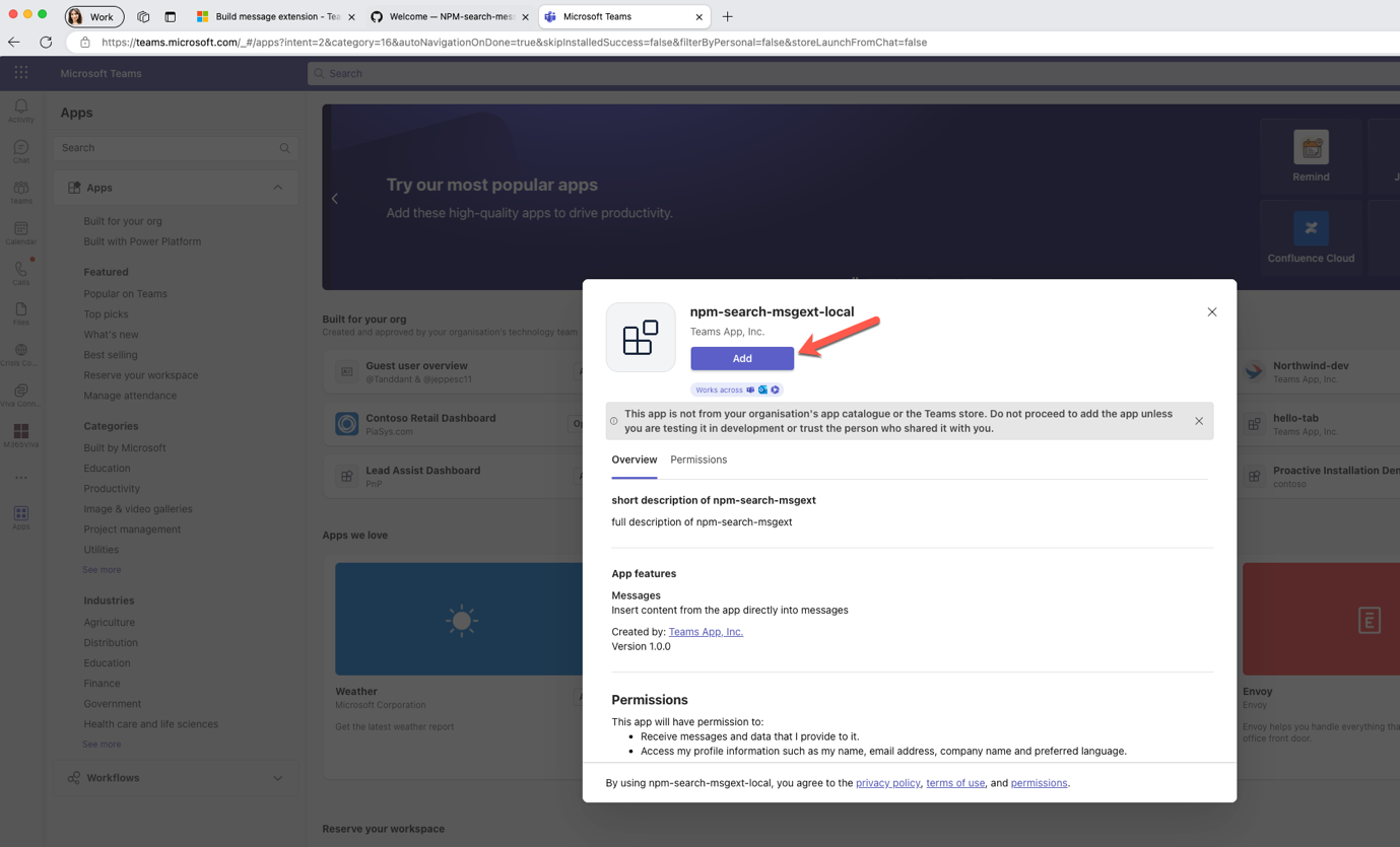 A browser tab which has an instance of Teams in a web browser with an install dialog.