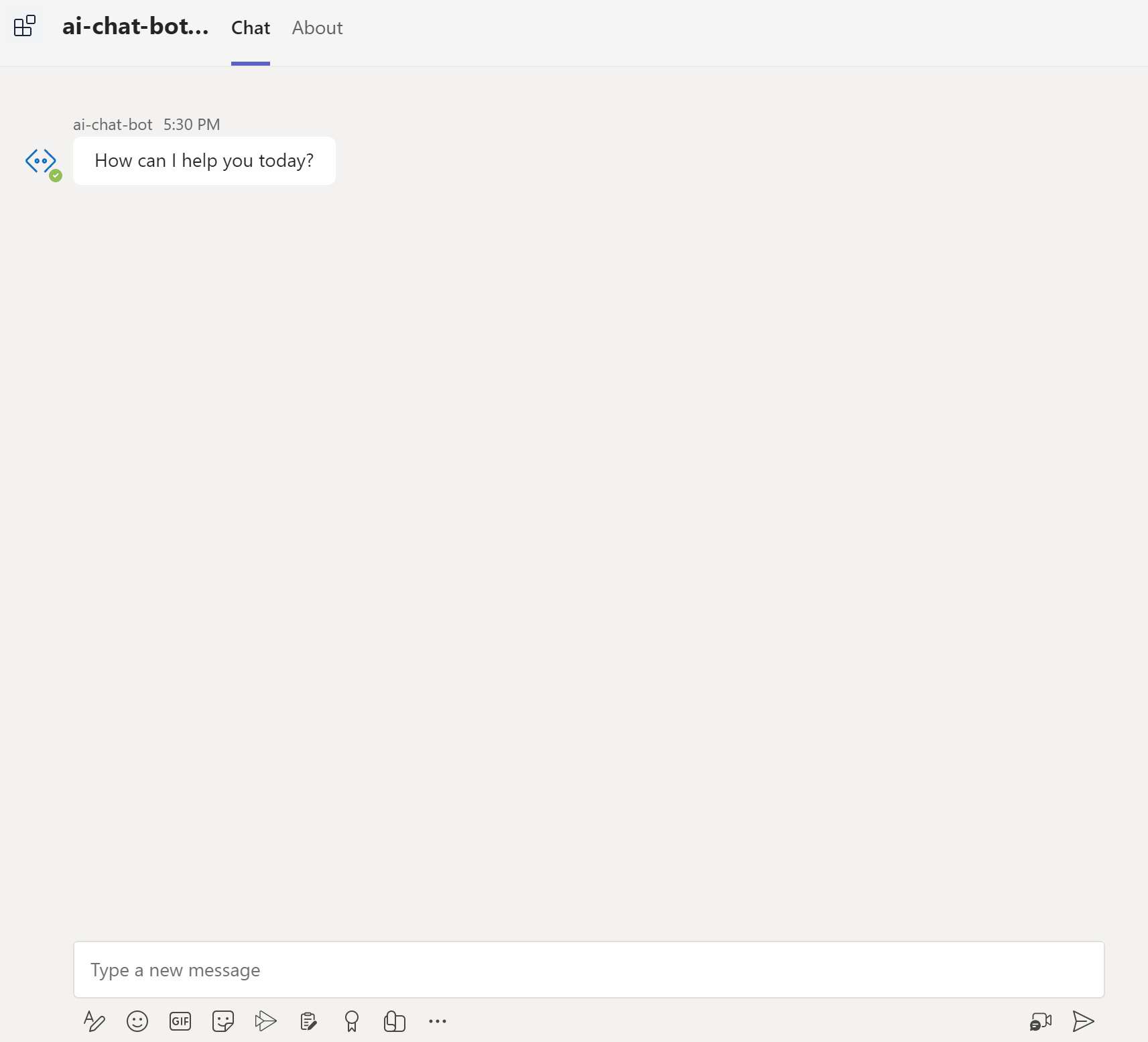Here is a GIF showing the AI chat cot app running in Microsoft Teams