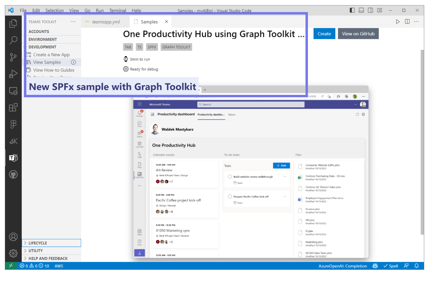 Teams Toolkit for Visual Studio code window using the New SPFX sample with Graph Toolkit - One Productivity Hub