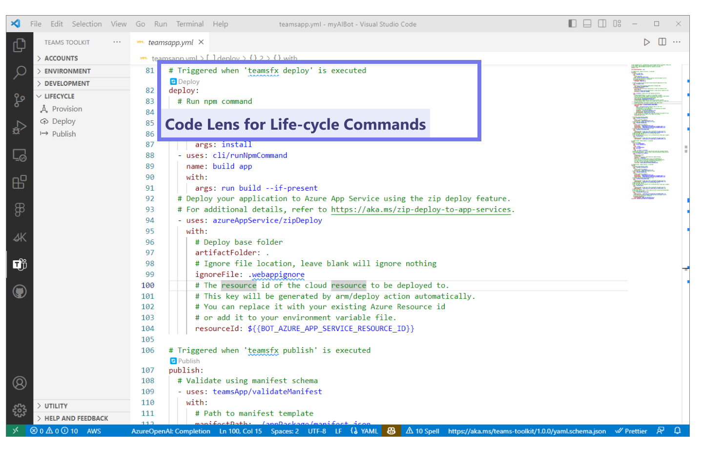 Screenshot showing Visual Studio Code running in Teams Toolkit, running life-cycle commands (with Code Lens) after editing the file.