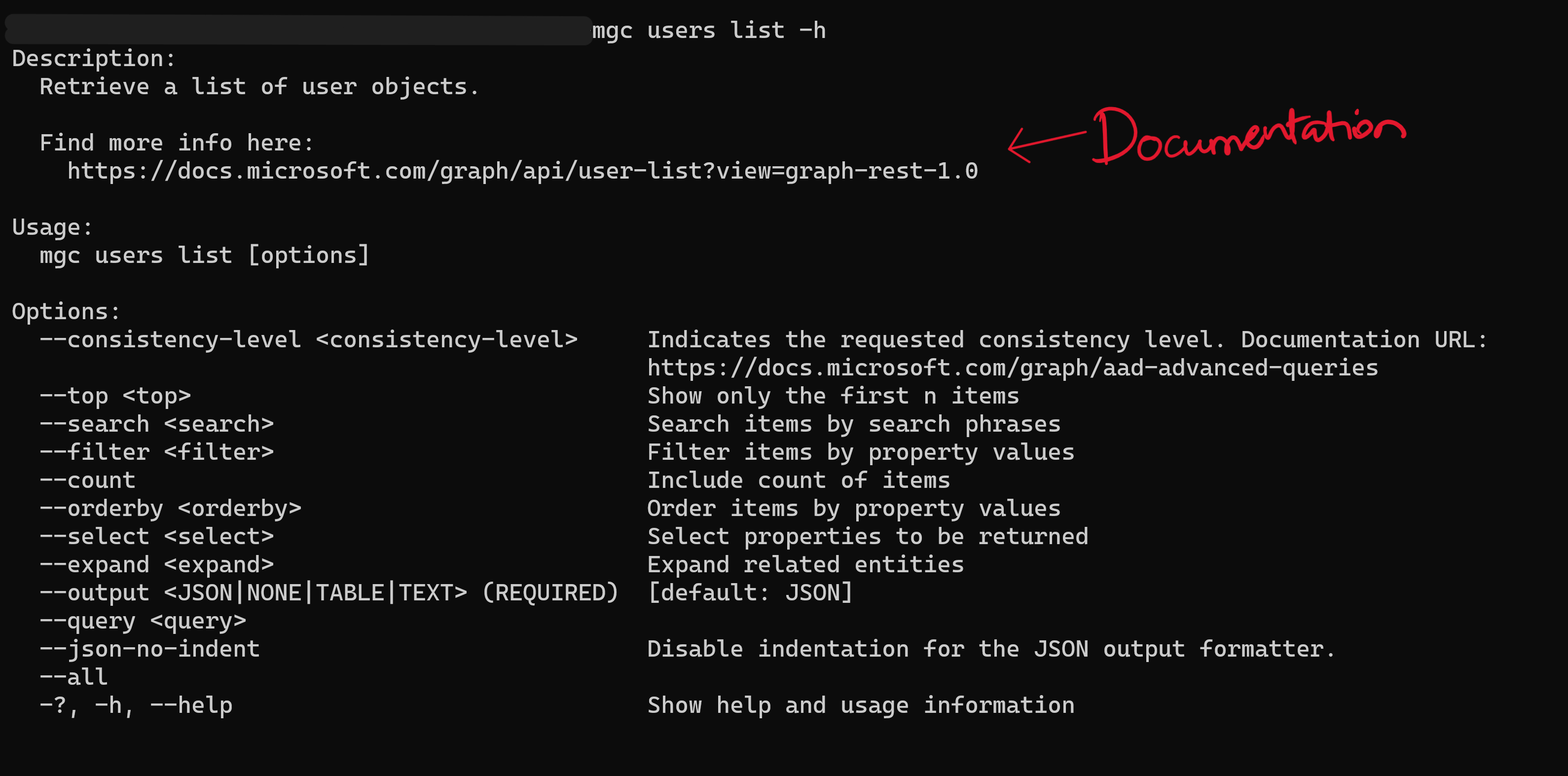 Screenshot of code: Microsoft Graph CLI interacting with the Microsoft Graph API. An examples of common commands: add -h to your command to view information that contains documentation links with permissions.