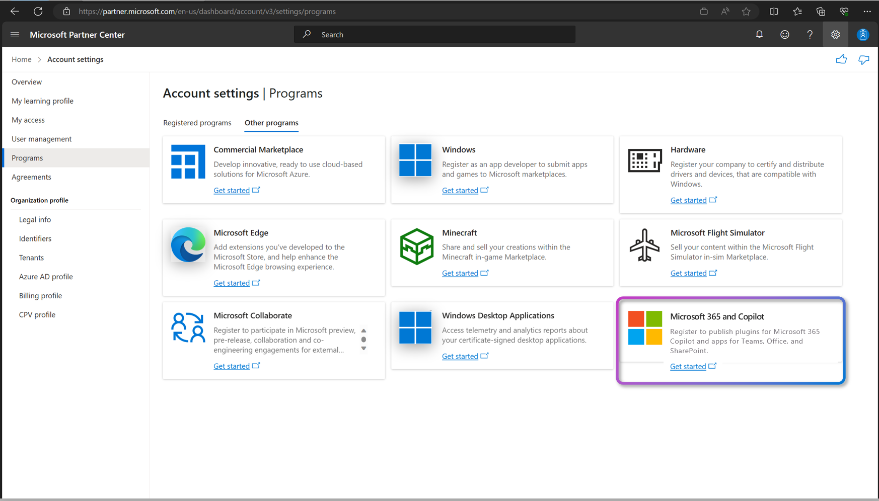 A screenshot of Microsoft 365 and Copilot Partner Center.