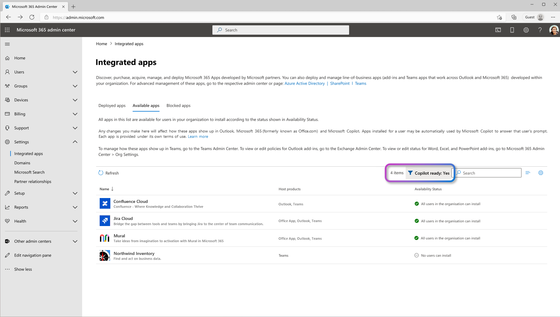 A screenshot of Copilot ready integrated apps in the Microsoft 365 admin center.