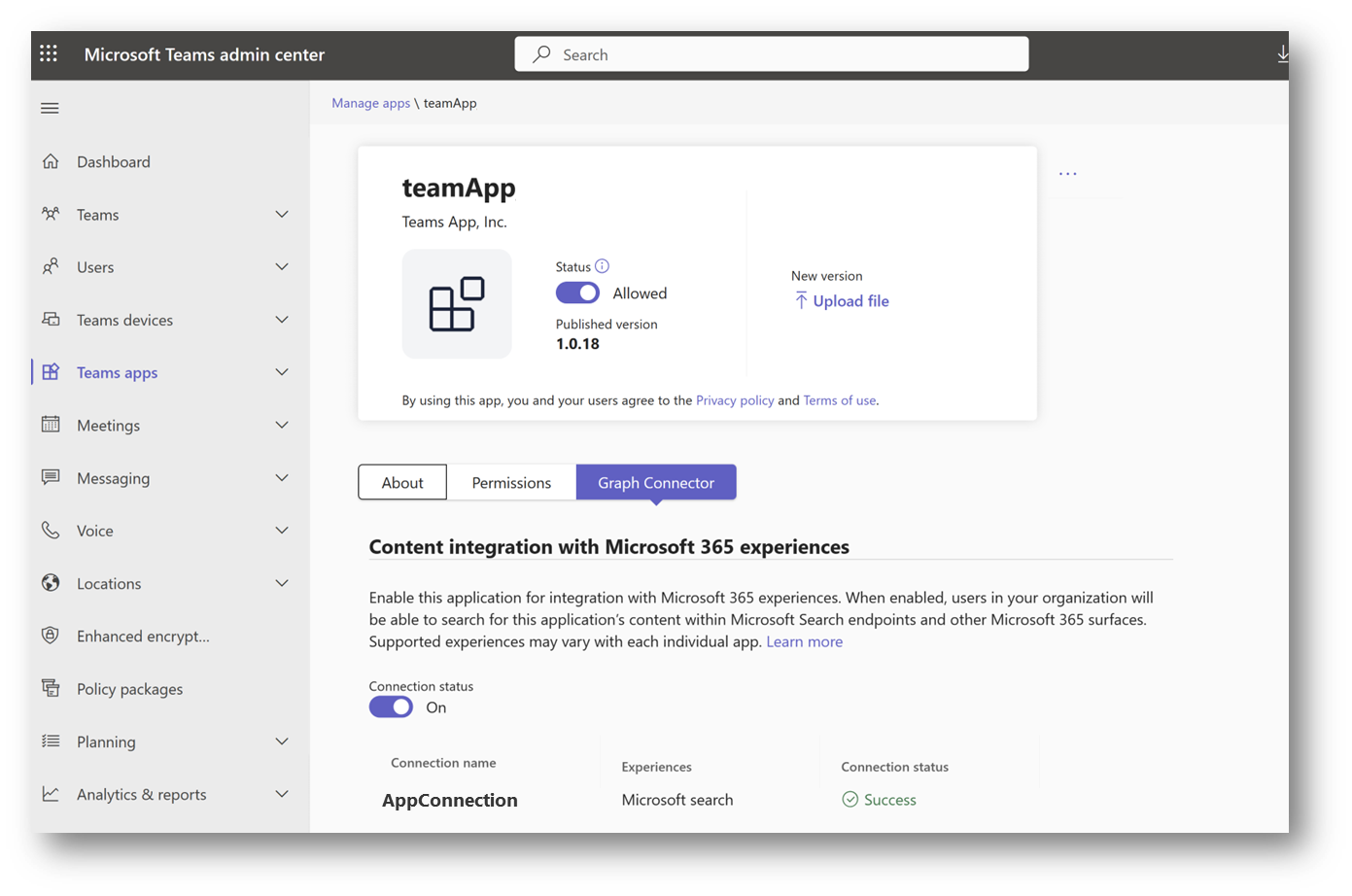 A screenshot demonstrating a simplified one-click admin experience build and then deploy a Microsoft Graph connector in the Teams admin center.