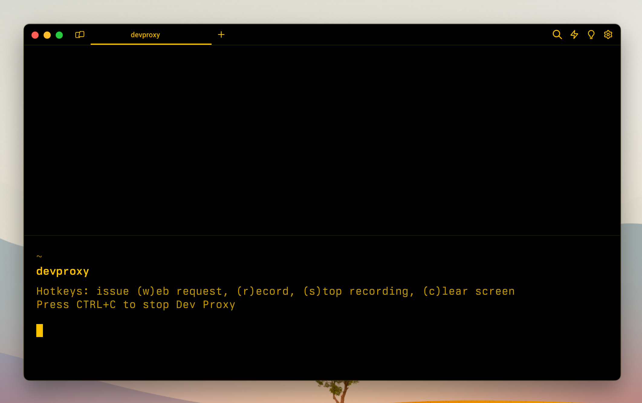 Code, Dev Proxy running in the terminal showing its hotkeys