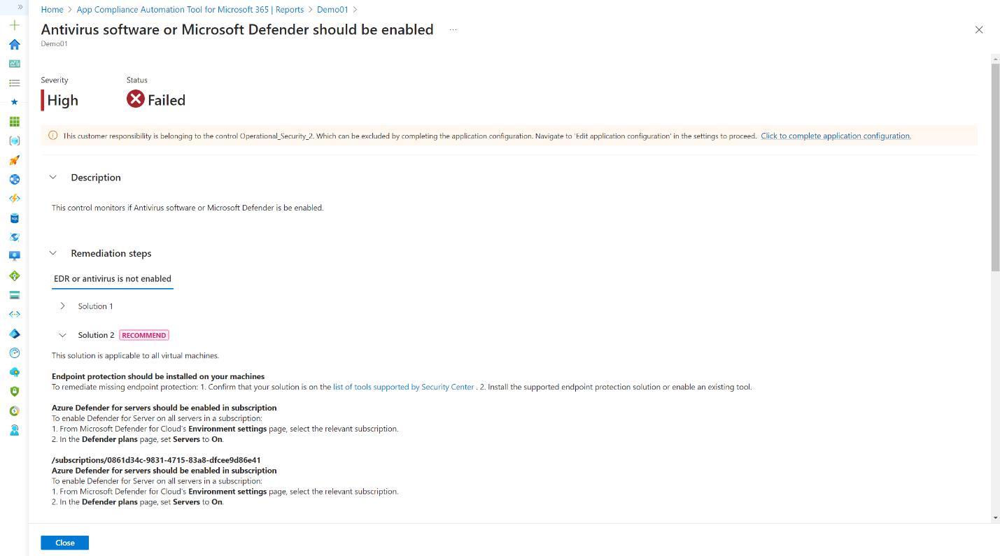 The App Compliance Automation Tool antivirus control page showing a failed status with recommended remediation steps.