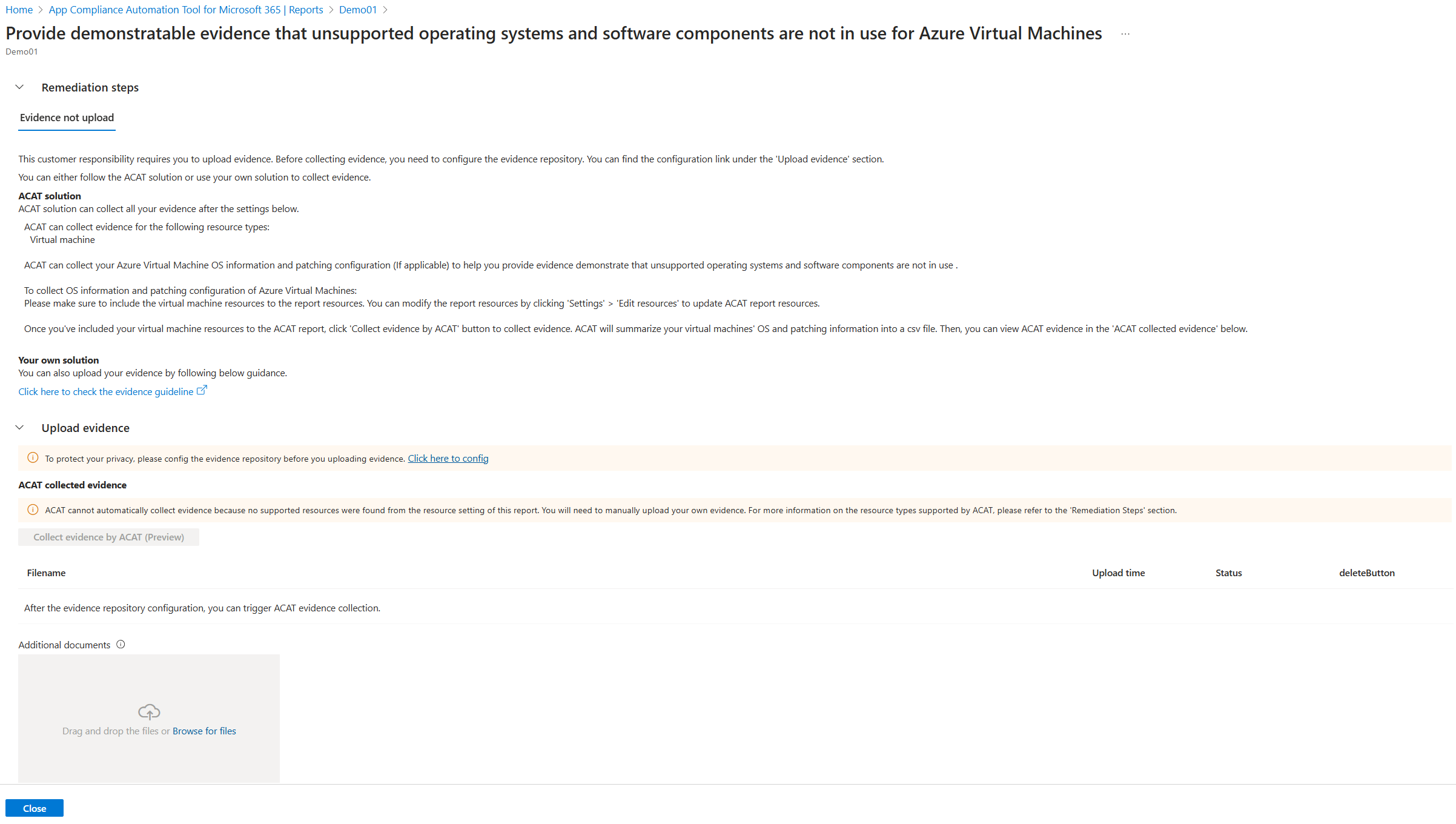 The App Compliance Automation Tool unsupported OS and software control page including recommended remediation steps and a drag and drop to upload evidence showing your own solution is in place.