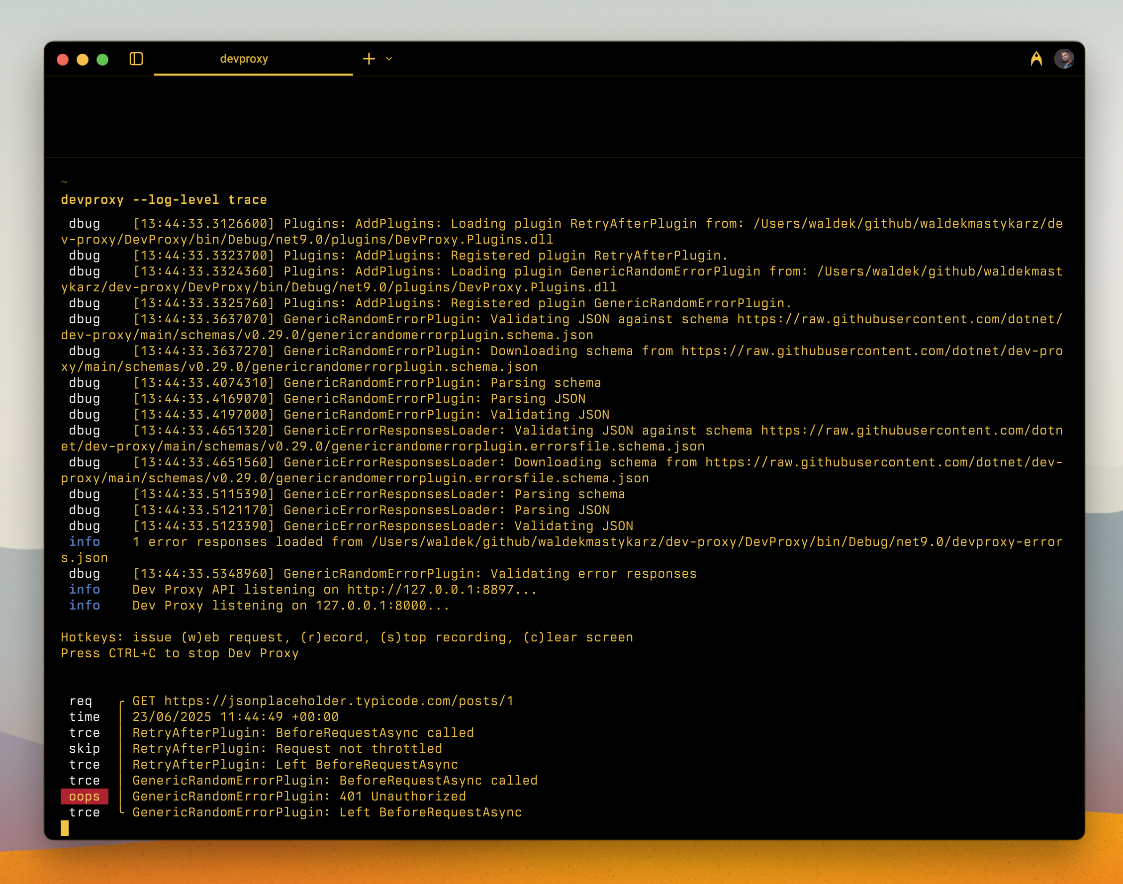Dev Proxy output in a terminal. Log messages printed with different severities. Each messages is prefixed with the category it belongs to.