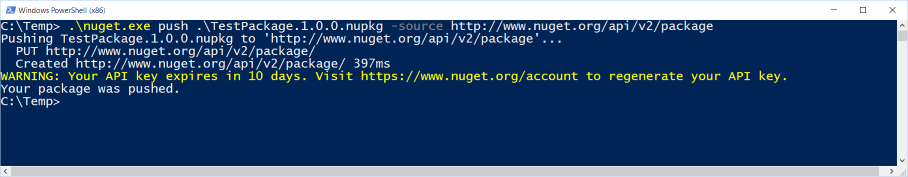 NuGet client warning when API key is about to expire
