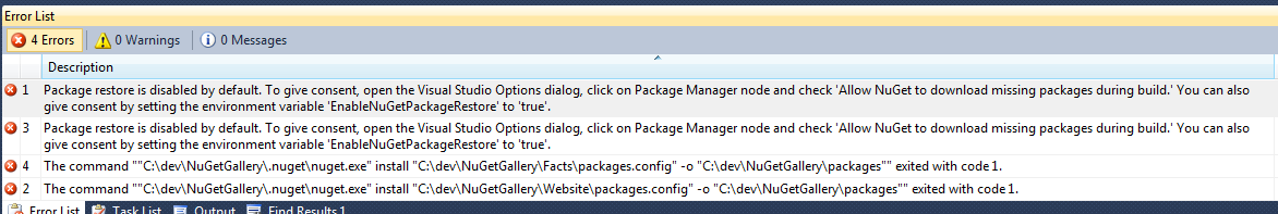 Build error when package restore consent is not given