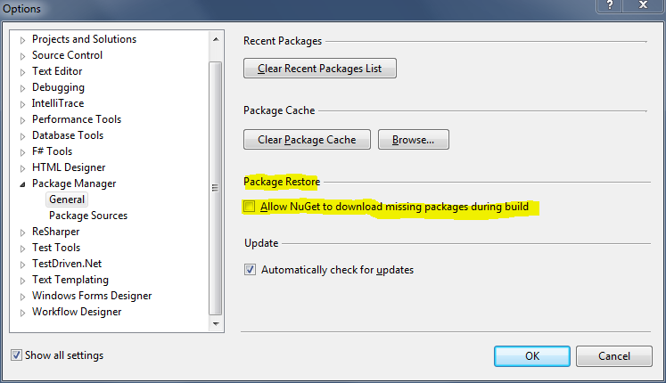 Package restore consent in the package manager configuration dialog