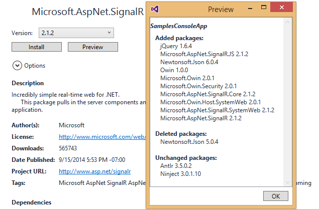 Preview Installing SignalR