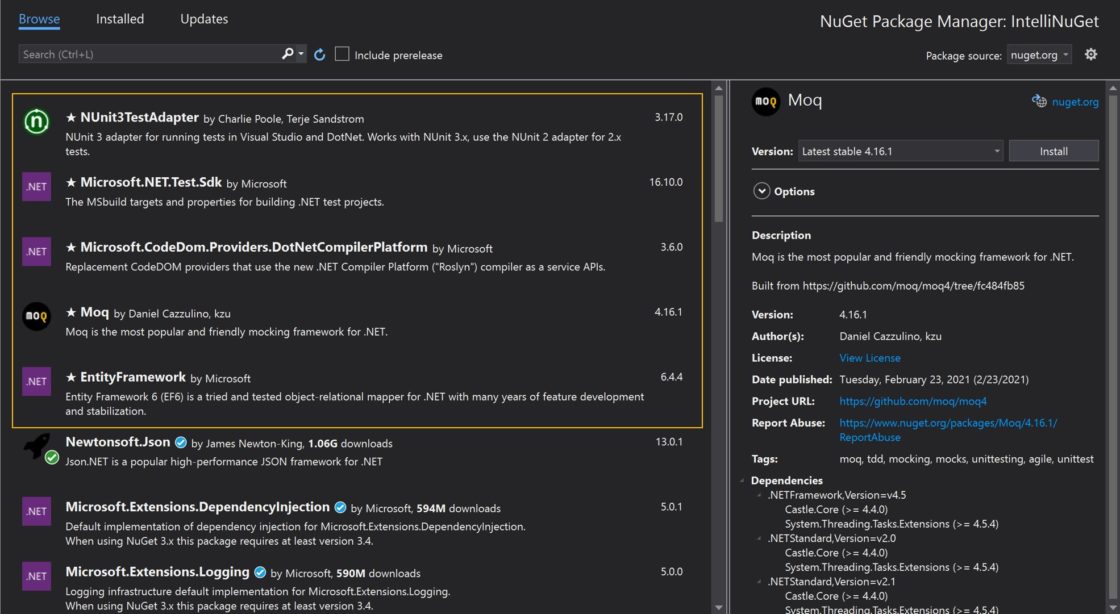 Screenshot of IntelliCode Package Suggestions in Visual Studio