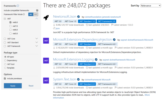 Search for 'net8.0' packages - include compatible frameworks