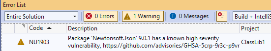 VS error list window showing a NuGet Audit warning NU1903