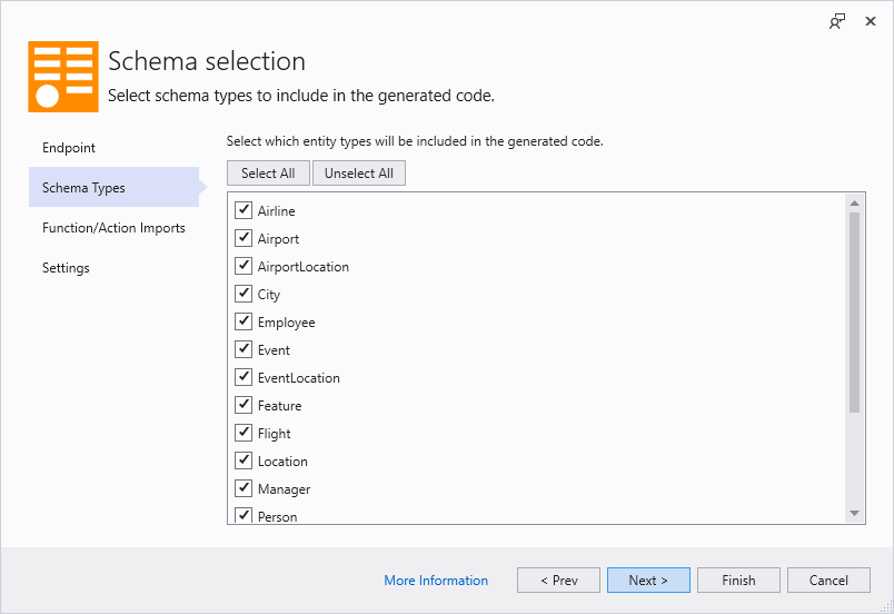 Image OData Connected Service Schema Types Selection