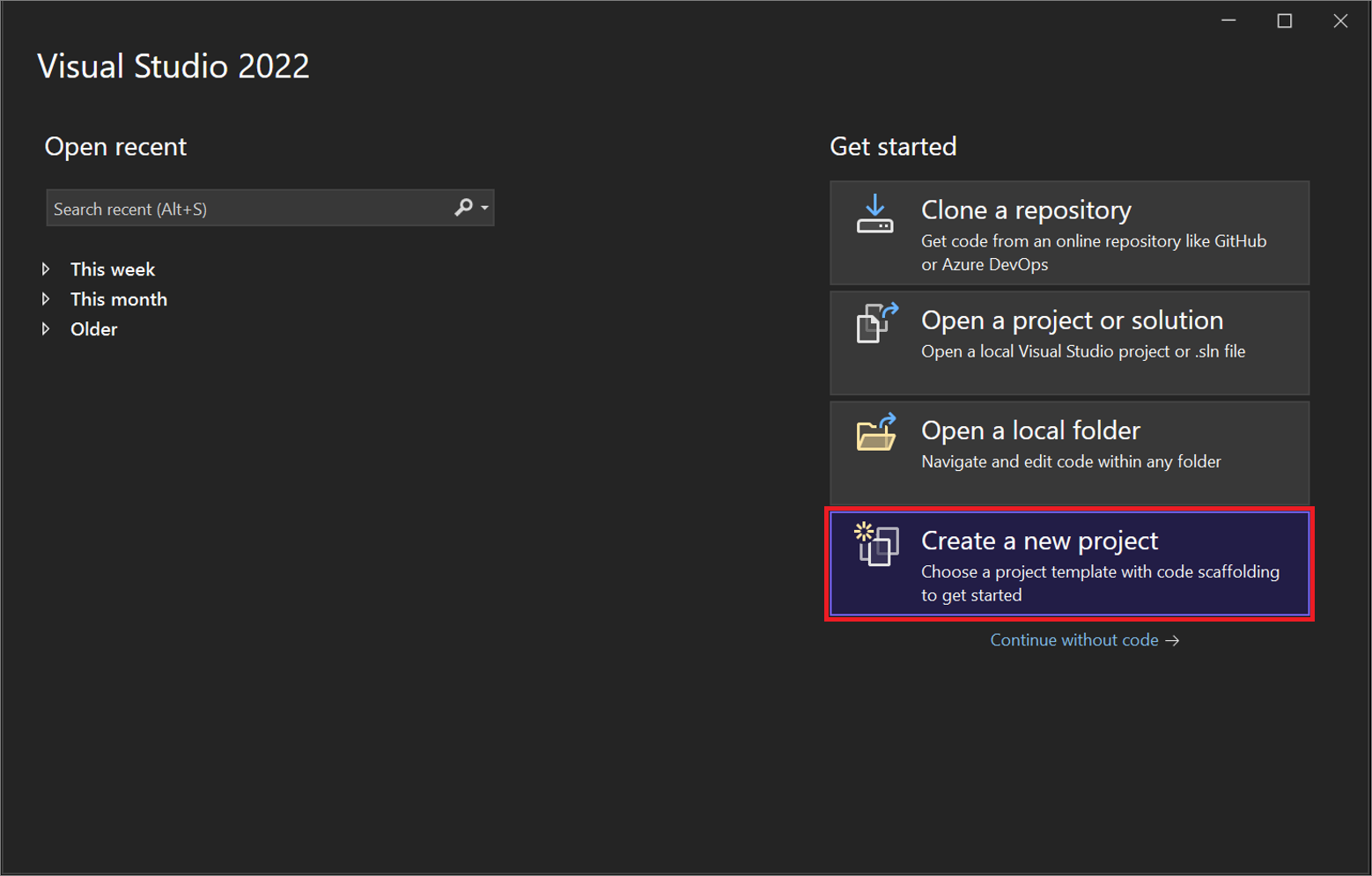 Visual Studio start window