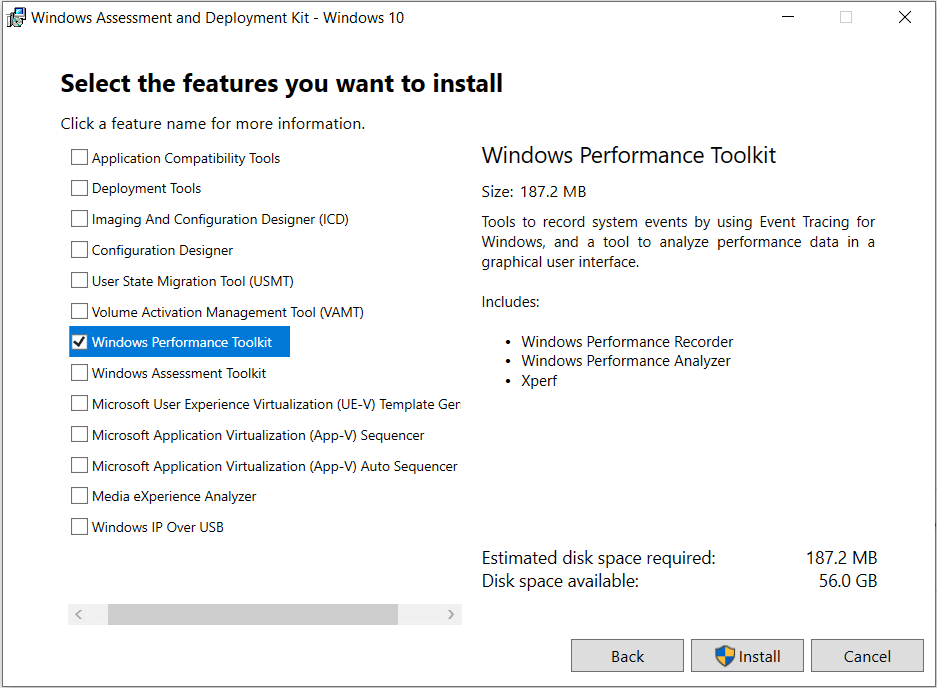 Windows Performance Toolkit installation UI