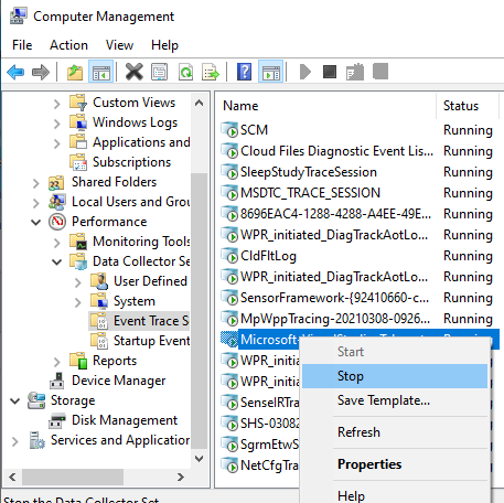 Stopping a session in Computer Management