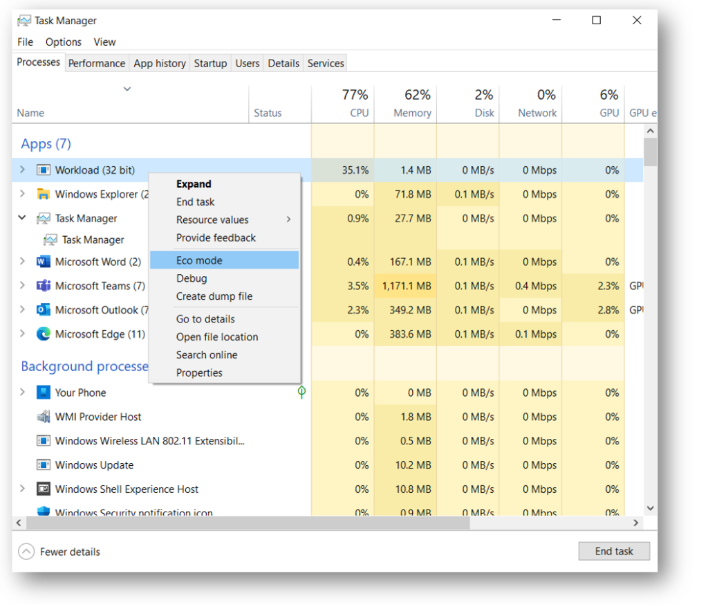 Reduce Process Interference with Task Manager Efficiency Mode